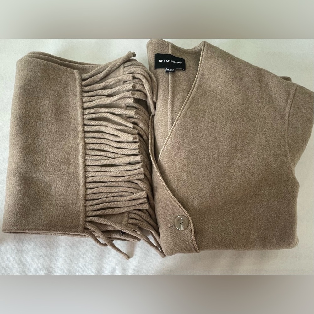 Urban Revivo Wool & Cashmere Blend Mid-Length Coat with Scarf  Small - Picture 7 of 8